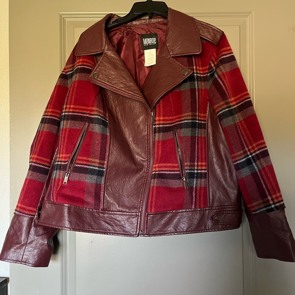 Monroe & Main wool & faux leather women’s jacket plaid zipper pockets
